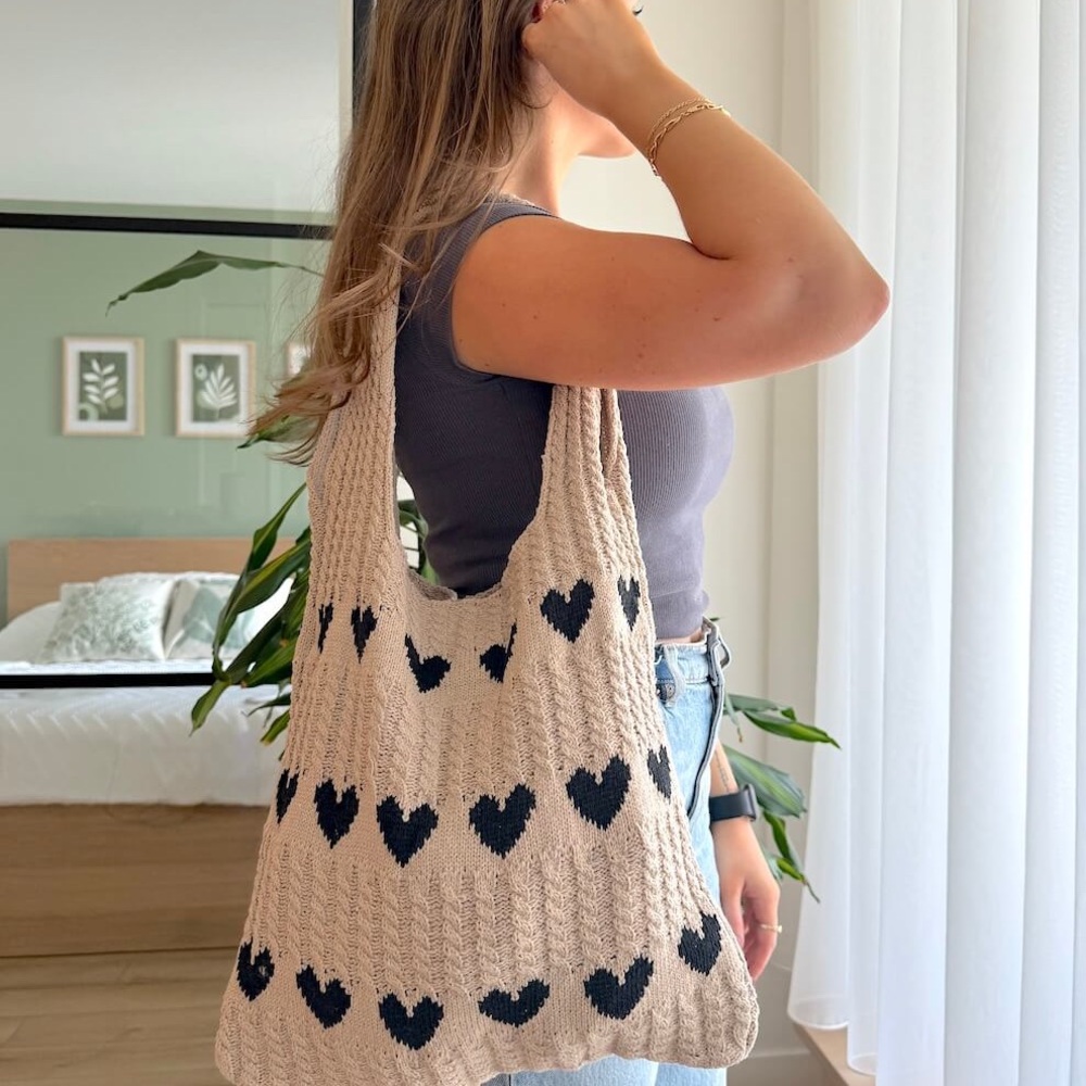 Cream and Black Knit Heart Tote